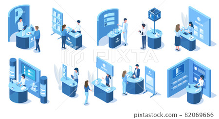 Isometric exhibition expo demonstration promotional 3d stands. Exhibition promo stand, expo workers and visitors characters vector illustration set. Trade expo stands Isometric exhibition expo demonstration promotional 3d stands. Exhibition promo stand, expo workers and visitors characters vector illustration set. Trade expo stands 82069666