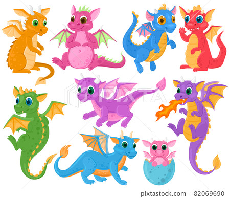 Cartoon cute baby fairytale fantasy dragons characters. Medieval creatures dragon kids, fairytale legends cute dino babies vector illustration set. Little cartoon dragons 82069690