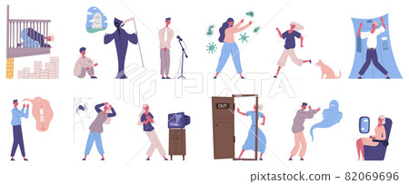 Human phobias, frightened scared emotional people. Afraid, scared man woman characters scary of death, spiders and dogs vector illustration set. Emotional person phobias 82069696