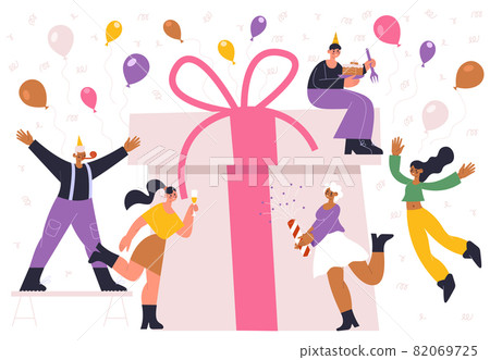 Birthday party holiday celebrating people and huge gift box. Your joyful celebrating people with confetti and balloons vector illustration. Happy Birthday party celebrating 82069725