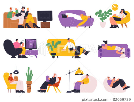People resting, sleeping, reading books on comfy sofa. Young women and men relaxing, spending time on sofa or cozy couch vector illustration set. Characters relaxing at home People resting, sleeping, reading books on comfy sofa. Young women and men relaxing, spending time on sofa or cozy couch vector illustration set. Characters relaxing at home 82069729