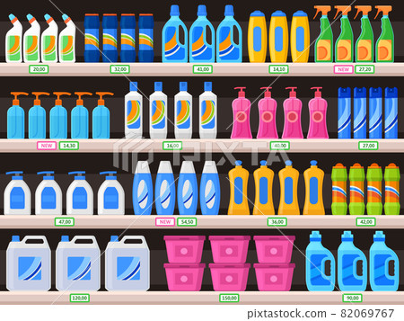 Household supplies, chemical detergent bottles on supermarket shelves. Detergents, cleaning powder, antibacterial soap vector Illustration. Shelves with household chemicals 82069767