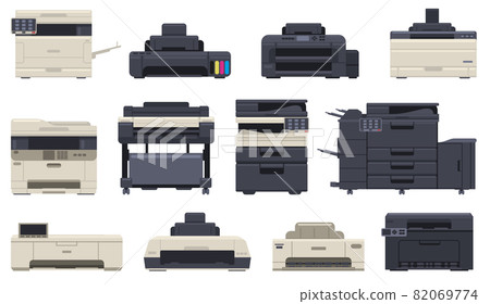 Office professional equipment printer scanner copier machines. Technology office devices, inkjet printer, copier vector illustration set. Digital printing machine 82069774
