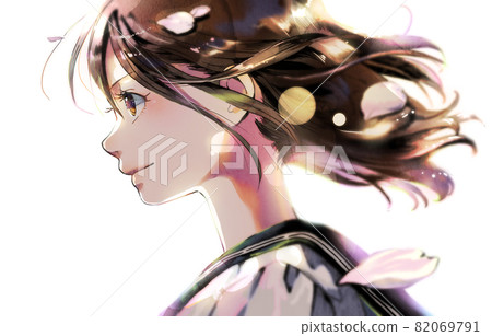 Profile schoolgirl illustration color, no background, with cherry blossoms, backlit version 82069791