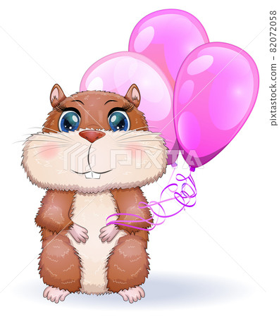 Cute cartoon hamster characters, funny animal with balloons, birthday card, holiday 82072058