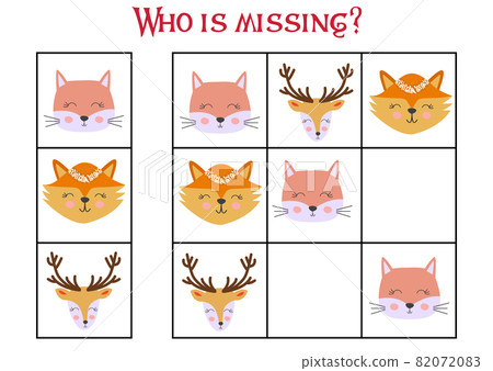 Sudoku game for children with pictures. Kids activity sheet. cute African animals muzzle Sudoku game for children with pictures. Kids activity sheet. cute African animals muzzle 82072083