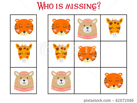 Sudoku game for children with pictures. Kids activity sheet. cute African animals muzzle Sudoku game for children with pictures. Kids activity sheet. cute African animals muzzle 82072086