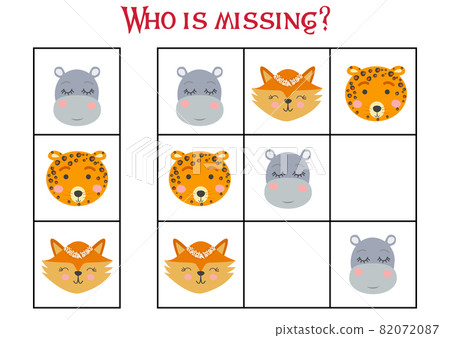 Sudoku game for children with pictures. Kids activity sheet. cute African animals muzzle Sudoku game for children with pictures. Kids activity sheet. cute African animals muzzle 82072087