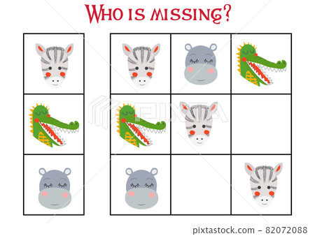 Sudoku game for children with pictures. Kids activity sheet. cute African animals muzzle Sudoku game for children with pictures. Kids activity sheet. cute African animals muzzle 82072088