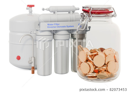 Reverse osmosis system with glass jar full of golden coins, 3D rendering Reverse osmosis system with glass jar full of golden coins, 3D rendering 82073453
