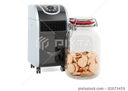 Portable air conditioner with glass jar full of golden coins, 3D rendering 82073459