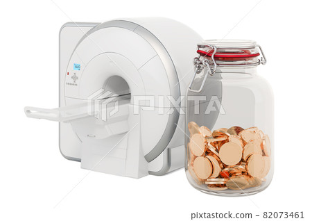 MRI with glass jar full of golden coins, 3D rendering 82073461