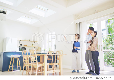 一位女士向一對年輕夫婦介紹房地產 一位女士向一對年輕夫婦介紹房地產 82073686