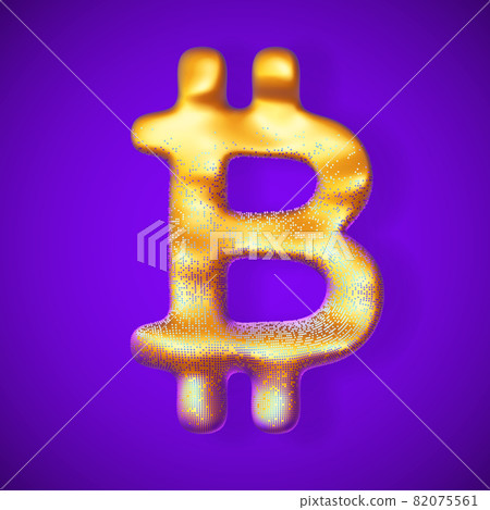 Golden 3D Bitcoin logo with pixels on surface on blue background 82075561
