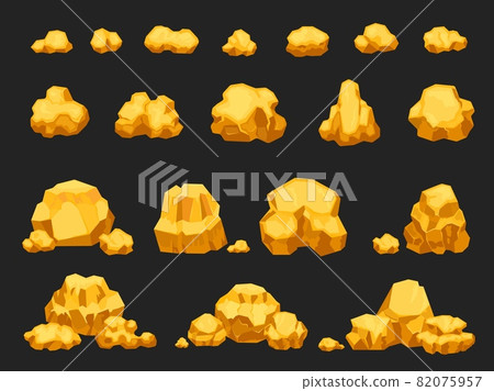Cartoon gold mine nuggets, boulders, stones and piles. Natural shiny solid golden rock heap. Jewel nugget icons for miner game vector set 82075957