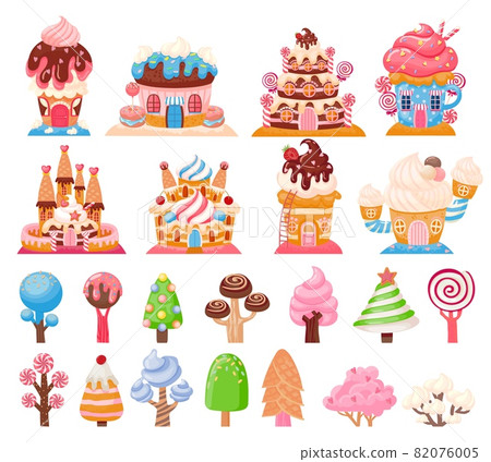 Candy land chocolate biscuit houses and caramel trees. Fantasy city with cake castles. Sweet game lollipops and cupcakes elements vector set 82076005