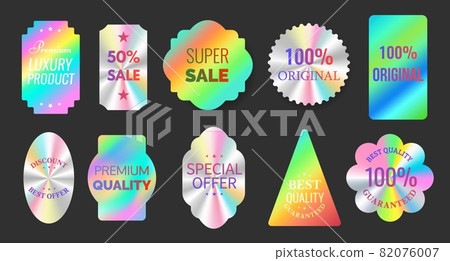 Quality hologram foil sticker labels for original products. Geometric seal for official certification, guarantee and sale emblems vector set Quality hologram foil sticker labels for original products. Geometric seal for official certification, guarantee and sale emblems vector set 82076007