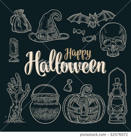 Happy Halloween calligraphy lettering and set vector vintage engraving Happy Halloween calligraphy lettering and set vector vintage engraving 82076072