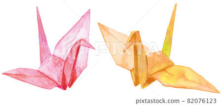 Watercolor two paper cranes_pink and yellow 82076123