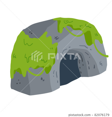 Cave with moss. Caveman hideout. Entrance to rock and mountain 82076179