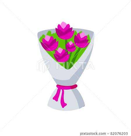 Bouquet of flowers. Wedding and holiday gift. Pink buds in beautiful wrapper with bow. Flat cartoon illustration Bouquet of flowers. Wedding and holiday gift. Pink buds in beautiful wrapper with bow. Flat cartoon illustration 82076203