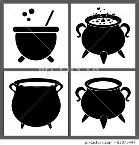 Cauldron with  magic potion and empty pot. Silhouette halloween icon set. Vector illustration with black shapes isolated on white background. 82076447