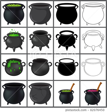 Cauldron with green magic potion and empty pot. Cartoon halloween icon set. Contains color, outline and silhouette collection. Vector illustration isolated on white background. 82076450