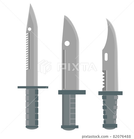 Set of hunting knives. Sharp grey blade with a handle. 82076488