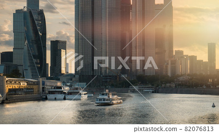Sunset. evening traffic of pleasure boats on the moscow river. Sunset. evening traffic of pleasure boats on the moscow river. 82076813