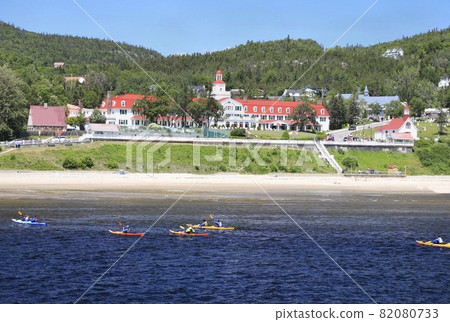 Tadoussac skyline with kayaks in the background, Quebec, Canada 82080733
