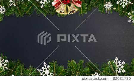 Black background decorated with fir tree and snow ornaments Black background decorated with fir tree and snow ornaments 82081720