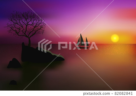 Beautiful sunset over blinking sea surface with tree growing on a rock and distant sailing yacht. Beautiful sunset over blinking sea surface with tree growing on a rock and distant sailing yacht. 82082841