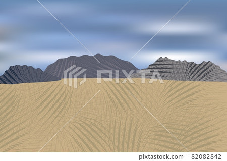 Beautiful stylized meadow view with distant mountains and cloudy sky. 82082842