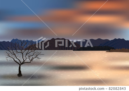 Beautiful sunset mountains, lonely tree and water coast view. Reflections of the clouds on water surface. Beautiful sunset mountains, lonely tree and water coast view. Reflections of the clouds on water surface. 82082843