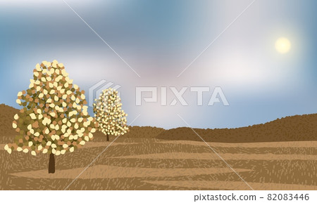 Autumn season day outdoor with beautiful trees, grass, and distant forest. Autumn season day outdoor with beautiful trees, grass, and distant forest. 82083446