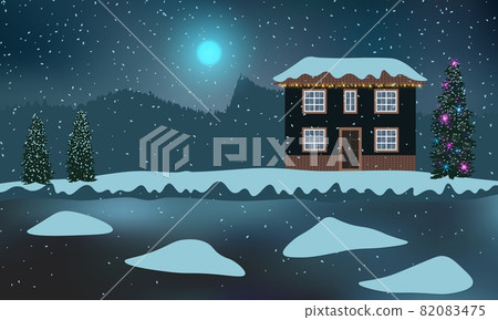 House with a Christmas tree and decorations on a snowy shore. Beautiful winter night with frozen water and snowdrifts . House with a Christmas tree and decorations on a snowy shore. Beautiful winter night with frozen water and snowdrifts . 82083475