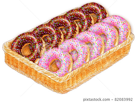Colorful sugar chocolate donuts and colorful sugar strawberry donuts in a basket Colorful sugar chocolate donuts and colorful sugar strawberry donuts in a basket 82083992