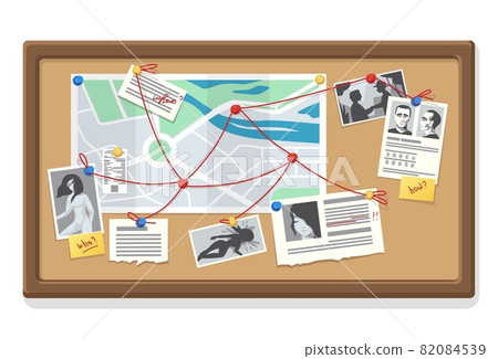 Detective board. Police evidence collection with map notes and traces. Photos of victims and suspects to blackboard. Murder investigation and research organization. Vector illustration 82084539