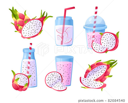 Pitaya. Cartoon sweet dragon fruit pieces and cold summer beverage. Tropical lemonade drink. Isolated glasses and bottles with straws for exotic fresh. Vector delicious smoothies set 82084540