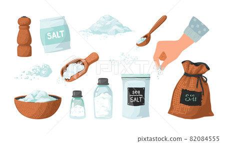 Hand drawn salt. Spice powder in spoon and bowl. Hand spreading salty sea crystals. Seasoning in glass bottles and packages. White ground heaps. Vector cooking ingredient sketches set 82084555
