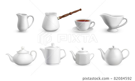 Realistic tea crockery. White porcelain tableware. Ceramic utensil for coffee cooking. Various teapots and cup with plate. Household milk jug and cezve. Vector drinking dinnerware set Realistic tea crockery. White porcelain tableware. Ceramic utensil for coffee cooking. Various teapots and cup with plate. Household milk jug and cezve. Vector drinking dinnerware set 82084592