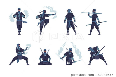 Ninja character. Fighting Japanese warrior with ancient weapon. Shinobi mascot standing in fight pose or meditating. Man training attack with air tails. Vector assassins positions set 82084637