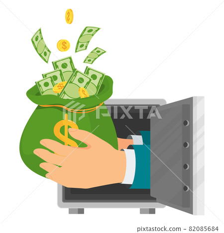 Hands with a bag of money stick out from the safe. 82085684
