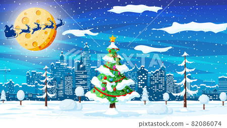 Christmas Card with Urban Landscape and Snowfall. 82086074