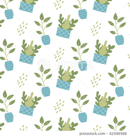 Hand-drawn seamless pattern with indoor plants in blue pots. Patten with house plants. The pattern is suitable for prints, posters, wrapping paper, fabrics. Hand-drawn seamless pattern with indoor plants in blue pots. Patten with house plants. The pattern is suitable for prints, posters, wrapping paper, fabrics. 82086986