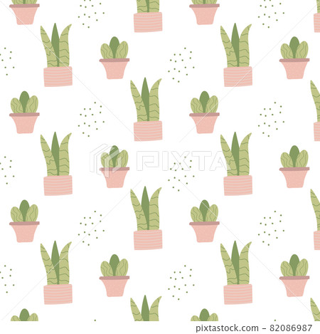 Hand-drawn seamless pattern with indoor plants in pink pots. Patten with house plants. The pattern is suitable for prints, posters, wrapping paper, fabrics. Hand-drawn seamless pattern with indoor plants in pink pots. Patten with house plants. The pattern is suitable for prints, posters, wrapping paper, fabrics. 82086987