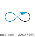 infinity sign and blue paper plane flying on white background  82087560