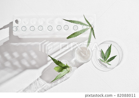 cannabis face cream and hemp leaves in laboratory . petri dishes and glassware on lab table. dermatology concept, alternative treatment. top view. cannabis face cream and hemp leaves in laboratory . petri dishes and glassware on lab table. dermatology concept, alternative treatment. top view. 82088011