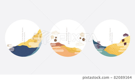 Set of geometric modern graphic elements vector. Asian icons and symbol with Japanese pattern. Abstract art banners with template for logo design in vintage style. Gold texture. 82089164