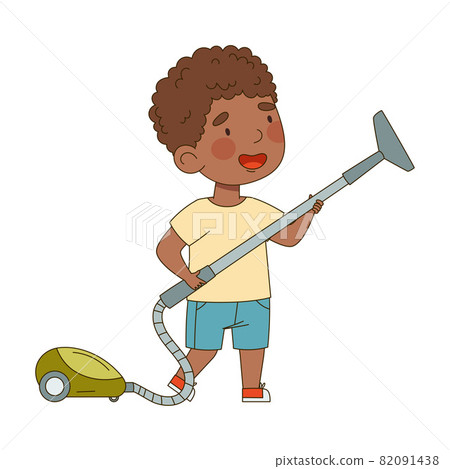 Little African American Boy with Vacuum Cleaner Engaged in Housekeeping Vector Illustration 82091438